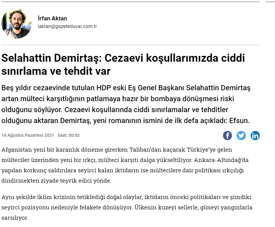 16 Ağustos 2021 - Gazete Duvar Röportajı 