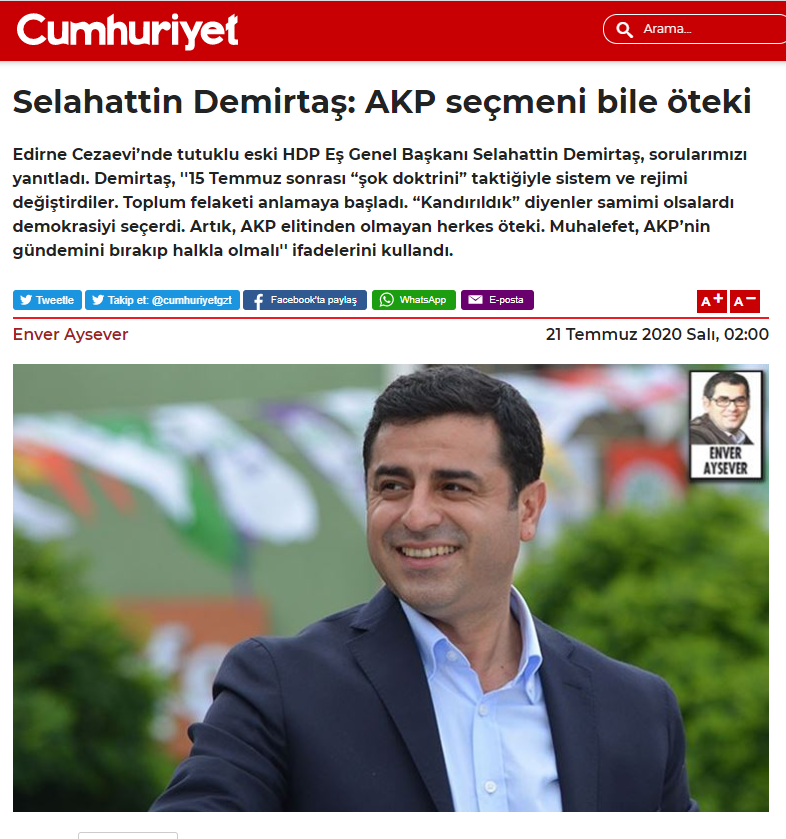 21 Temmuz 2020 - Cumhuriyet Gazetesi Röportajı 